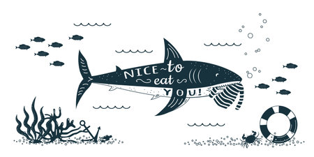 Funny shark with text nice to eat you and striped vest in her teeth swims in the sea. Vector illustration in hand drawn styleのイラスト素材