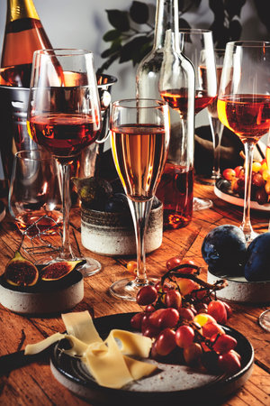 Pink rose wine glasses and bottles on table served for summer festive dinner party with different kinds of appetizersの写真素材