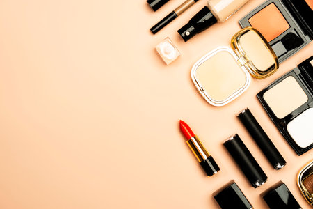 Professional Decorative Cosmetics, make-up products and accessories on nude pink background, minimal style. Beauty, fashion, visage and shopping blogger concept. Copy space bannerの写真素材