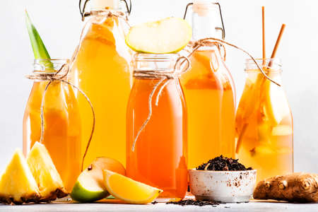Healthy Fermented Kombucha Drinks. Probiotic superfood tea, keto diet drink, tepache, cider, kvass, ginger aleの写真素材