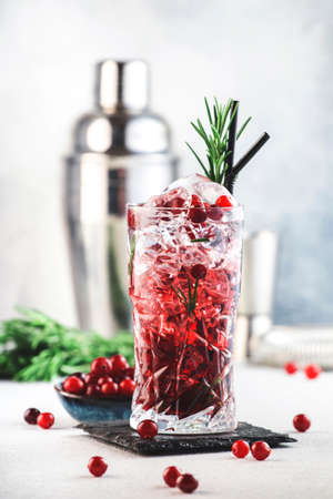 Cranberry cocktail with vodka, ice, juice, rosemary and red berries in highball glass. Refreshing long drink. Gray table background with negative spaceの写真素材