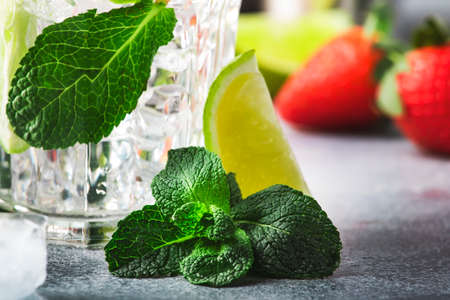 Mojito mocktail set with lime, mint, strawberry and ice in glass on gray backgroundの写真素材