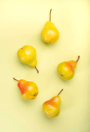 Red yellow pears, autumn harvest, light green background, top viewの写真素材