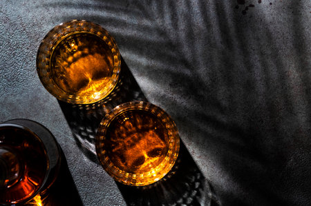 American bourbon whiskey in glasses and bottle, black background with shadow pattern and negative spaceの写真素材
