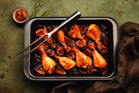 Baked chicken legs, drumsticks with sweet figs and red onions in balsamic marinade on baking sheet, rusty green background, top viewの写真素材