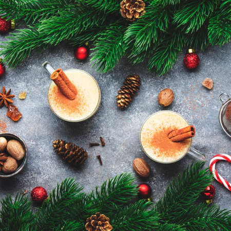 Eggnog winter cocktail drink with milk, eggs and dark rum, sprinkled with cinnamon and nutmeg in...