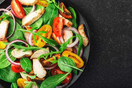 Healthy salad with spinach, grilled chicken, tomatoes, arugula and red onion. Black table, copy spaceの写真素材