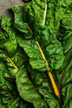 Rainbow swiss chard leaves on rusty background, raw green leaf vegetables, top view, copy spaceの写真素材