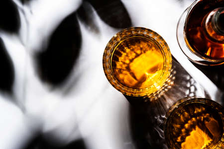 Whiskey in glasses and bottle, white background with hard light, shadows and sun glare, copy spaceの写真素材