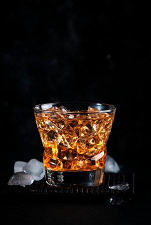 Godfather alcoholic cocktail with scotch whiskey, amaretto liqueur and ice. Black bar counter...