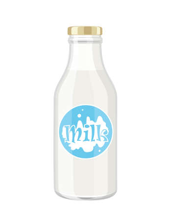 Milk bottle with cap and label, vector illustration in flat cartoon style isolated on white backgroundのイラスト素材