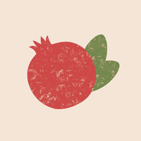 Pomegranate with leaves, textured scratched flat style illustration on nude backgroundのイラスト素材
