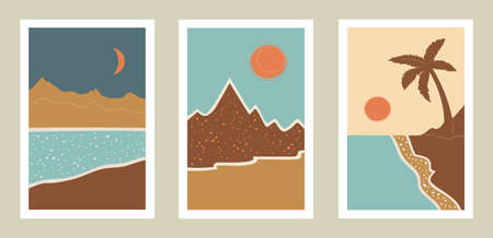 Mountain and sea wall art vector set. Brown tones landscapes, modern wallpaper. Middle East...