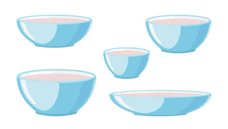 Various bowls and plates, dishware set in pastel blue color, vector illustration on a white backgroundのイラスト素材