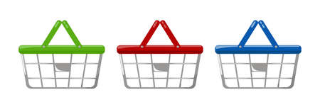 Red, green and red shopping basket for shopping with handles, plastic and steel, vector illustration on white backgroundのイラスト素材