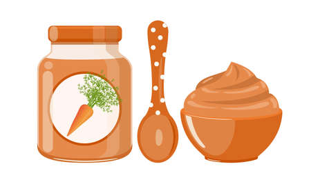 Carrot baby food puree in glass jar with polka dot spoon and bowl, vector illustration isolated on white backgroundのイラスト素材