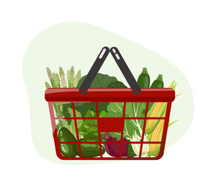 Grocery shopping basket with fresh green vegetables and root crops, asparagus, avocado, corn from local farm market. Healthy vegan food set. Vector illustration isolated on white backgroundのイラスト素材