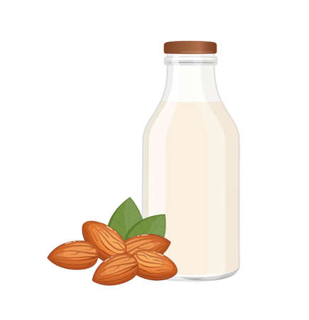 Vegan almond milk in glass bottle, alternative non dairy drink, vector Illustration on white backgroundのイラスト素材
