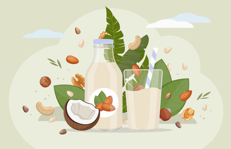 Vegan milk concept. Alternative non-dairy vegetarian drink for plant based diet, healthy organic lactose free nut milk from almonds, cashews, pine nuts, coconut or walnuts in bottle and glassのイラスト素材