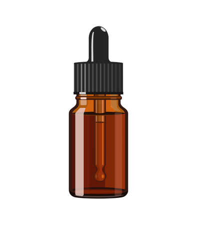 Brown glass essential oil bottle with pipette, vector illustration isolated on white backgroundのイラスト素材
