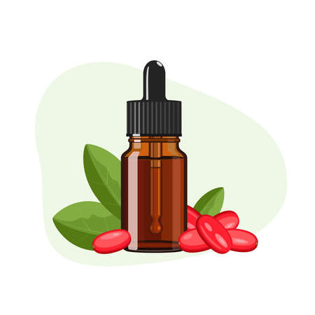 Barberry essential oil in brown glass bottle, herbal alternative medicine treatment product, vector Illustration on white backgroundのイラスト素材