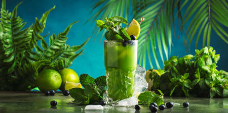 Green alcoholic cocktail with gin, tequila, liquor, juice, lime, blueberry, mint and ice. Dark tropical background, copy spaceの写真素材