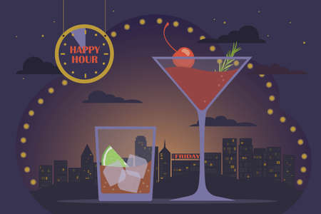 Friday night, cocktail party, happy hour concept. Alcoholic cocktails rum cola and cosmopolitan, backdrop of night big city, lights, skyscrapers and sky, hanger with text. Relax in the bar, festive atmosphereのイラスト素材