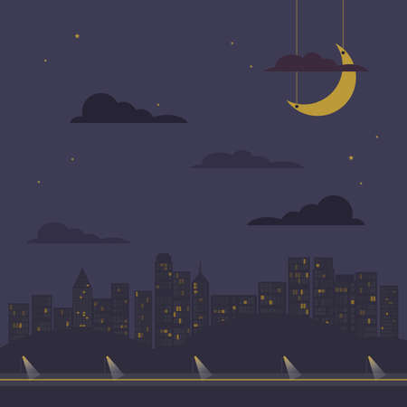 City panorama with silhouettes of houses and skyscrapers with lights in the windows, blue night sky and clouds, moon and stars, road with lanterns. flat style vector illustrationのイラスト素材