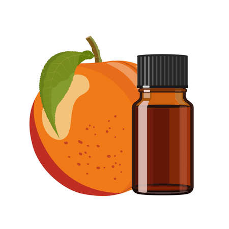 Peach essential oil in brown glass bottle, herbal alternative medicine treatment product, vector Illustration on white backgroundのイラスト素材
