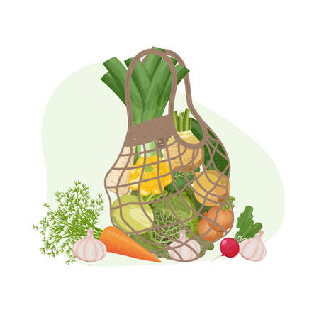 Shopping string bag with local farmers market vegetables: cabbage, onion, celery, zucchini, leek. Reusable recyclable plastic free shopper, vector Illustration on white backgroundのイラスト素材