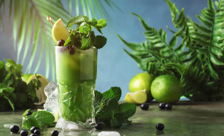 Green alcoholic cocktail with gin, tequila, liquor, juice, lime, blueberry, mint and ice. Dark tropical background, copy spaceの写真素材