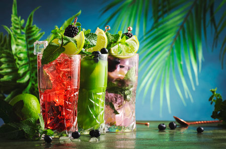 Tropical style cocktail party.. Summer refreshing alcoholic cocktails with gin, tequila, vodka, lime, mint and ice, copy spaceの写真素材