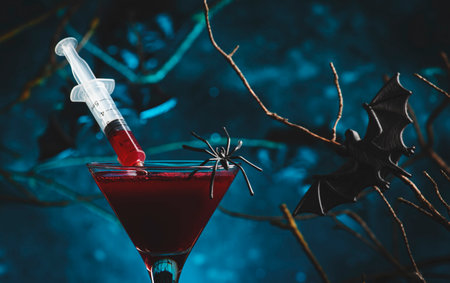Halloween alcoholic cocktail bloody martini with syringe on scary dark blue background with twisted branches, bats, stones, pumpkin guards and spiders, festive drink for partyの写真素材