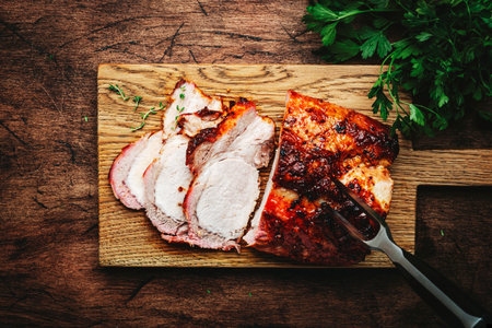 Baked pork loin, whole and cut meat pieces on rustic wooden cutting board with spices, herbs and cranberries. Old wood kitchen table background, top viewの写真素材