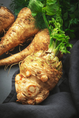 Root vegetables and herbs: celery with green stems, parsnip, parsley, dill on rustic gray stone kitchen table background, top viewの写真素材