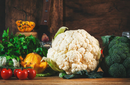 Autumn food background with organic farm vegetables: cauliflower, broccoli, root celery, pumpkin, herbs and spices on rustic wood kitchen table with cast iron pan, spice grinders, cutting boardの写真素材