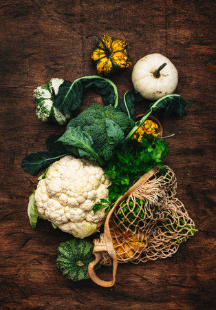 autumn food background. Organic cauliflower, broccoli, pumpkins from local farm market in string bag on old rustic wood kitchen table. Shopping, healthy eating, clean food conceptの写真素材