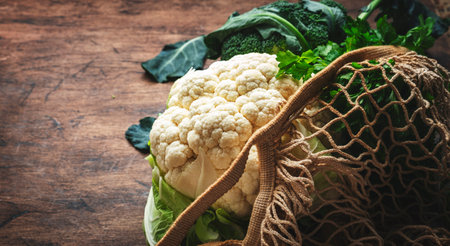 Autumn food background with cauliflower and broccoli in string bag on old rustic wood kitchen table, top view, copy spaceの写真素材