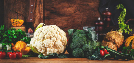 Autumn food background with organic farm vegetables: cauliflower, broccoli, root celery, pumpkin, herbs and spices on rustic wood kitchen table with cast iron pan, spice grinders, cutting board. Bannerの写真素材