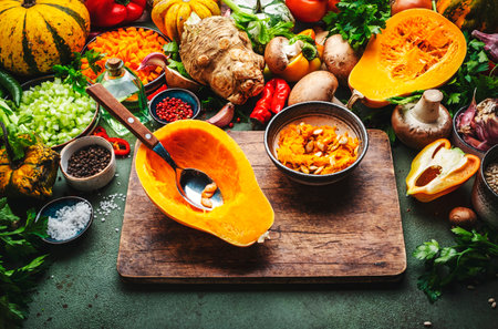 autumn food. Sliced pumpkin, vegetables, mushrooms, root vegetables, spices, wood cutting board - ingredients for vegan, vegetarian cooking. Thanksgiving Day preparation. Healthy eating, slow food. Rustic background, top viewの写真素材
