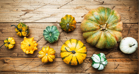 Organic farm orange, white and green pumpkins on rustic wooden kitchen table, autumn food.. Top view