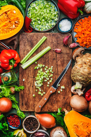 autumn food. Vegetables, mushrooms, roots, spices, wood cutting board and knife - ingredients for vegan, vegetarian cooking. Healthy diet eating, slow food. Rustic table background, top viewの写真素材