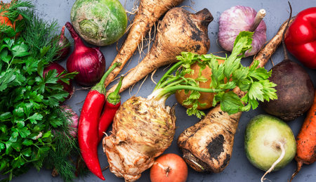 Food background with vegetables, root crops and herbs: celery, carrots, radish, onoin. Harvesting,...
