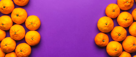 Ripe bright orange tangerines on lilac background, fruit banner. top view with copy spaceの写真素材