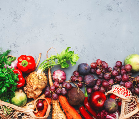 Food background with vegetables, root crops and fruits in string bag: celery, carrots, apples,...
