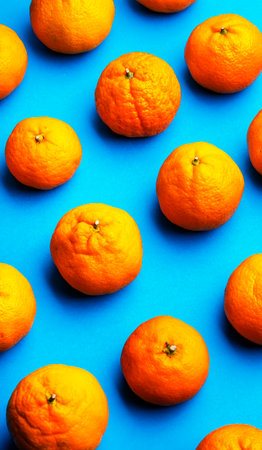 Ripe bright orange tangerines on blue background, fruit pattern. top view, vertical bannerの写真素材