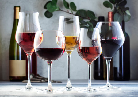 Wine glasses ans bottles assortment. Red, white, rose wines on gray table background. Wine bar, shop, tasting conceptの写真素材