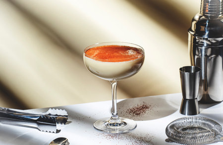 Brandy alexander alcoholic cocktail drink with cognac, cocoa liquor, cream, nutmeg and ice. Light...