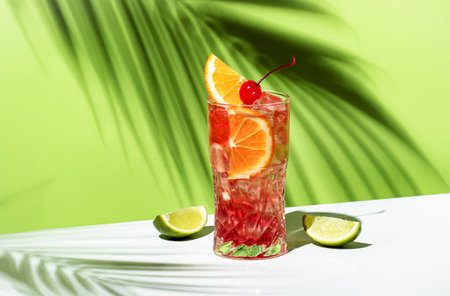 Sex on the beach - popular alcoholic cocktail drink with vodka, peach liqueur, orange and cranberry juice, lemon and ice, garnished with cocktail cherry. Light green background, hard light, palm leaves shadowの写真素材