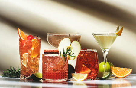 cocktail party. Bright fruity and citrus alcoholic drinks with gin, vodka, vermouth and juice. Beige background, hard light, shadow patternの写真素材